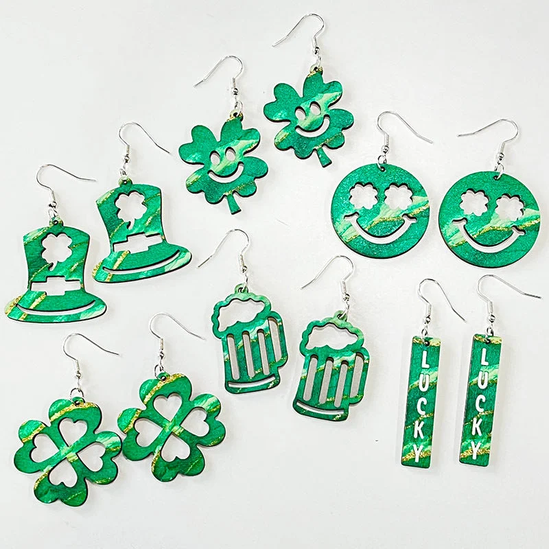 Minimalist Drop Earrings with Simplicity -Wholesale 2 Pairs/pack St. Patrick's Day Hollow Wooden Earrings