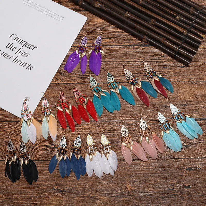 Drop Earrings with Enamel Coating -Wholesale Retro Pattern Long Rice Bead Tassel Earrings