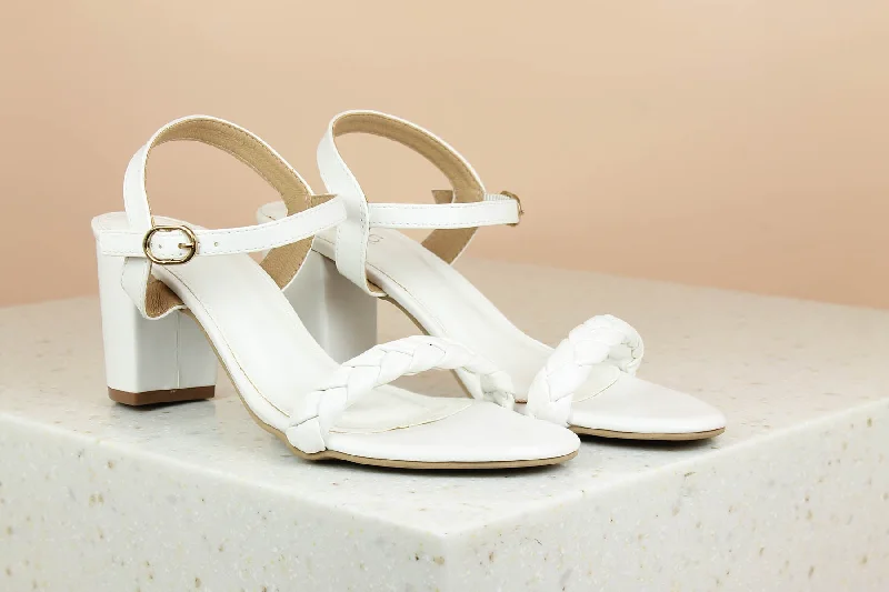 Elegant sandals for women with high heels and lace-up design for formal events-Women White Textured Block Heels Sandals