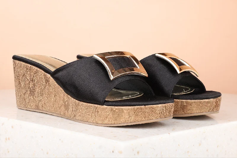 Comfortable sandals for women with adjustable Velcro straps for a perfect fit-Women Black Embellished Wedge Heels