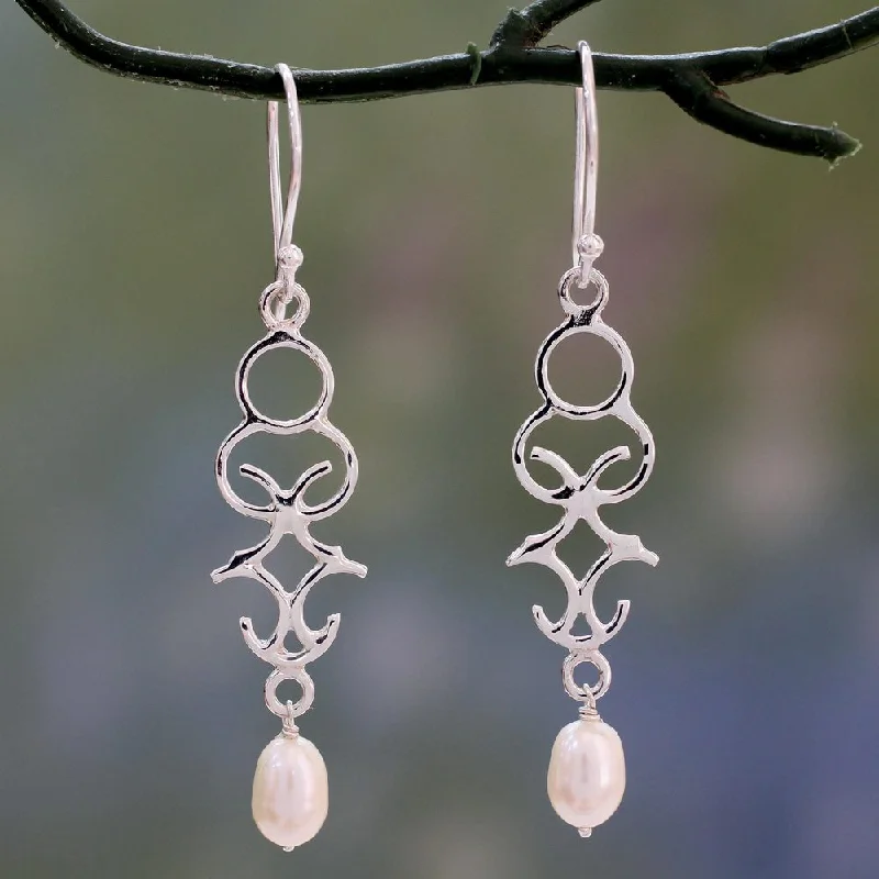 Drop Earrings with Filigree Work -Handmade Sterling Silver 'Sublime Trellis' Pearl Earrings (6 mm) (India) - 2.4*0.5