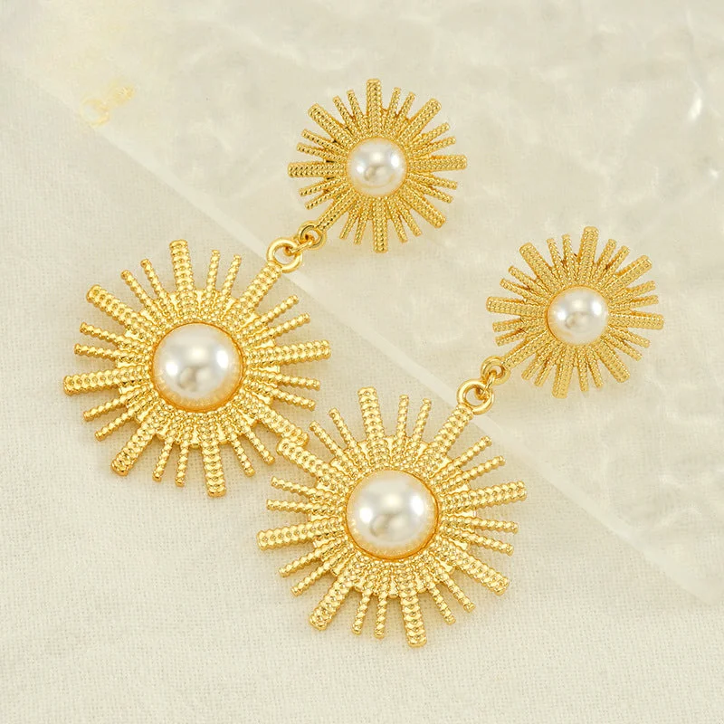 Hypoallergenic Drop Earrings for Sensitive -Wholesale Vintage Round Sunflower Pearl Titanium Steel Gold Plated Earrings