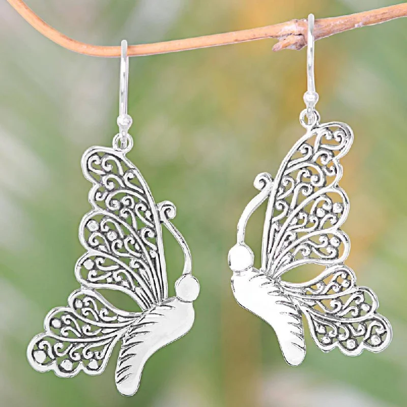 Drop Earrings with Abstract Designs -Handmade Sterling Silver 'Bright Bali Butterfly' Earrings (Indonesia) - 2L*0.7W