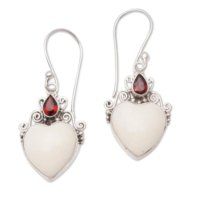 Vintage Drop Earrings with Patina -NOVICA Heart Passion, Garnet and bone dangle earrings - 1.7*0.7