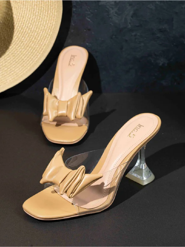 Stylish sandals for women with metallic accents and sleek, minimalist style-Womens Beige Party Wear Transparent Square Toe Kitten Heels