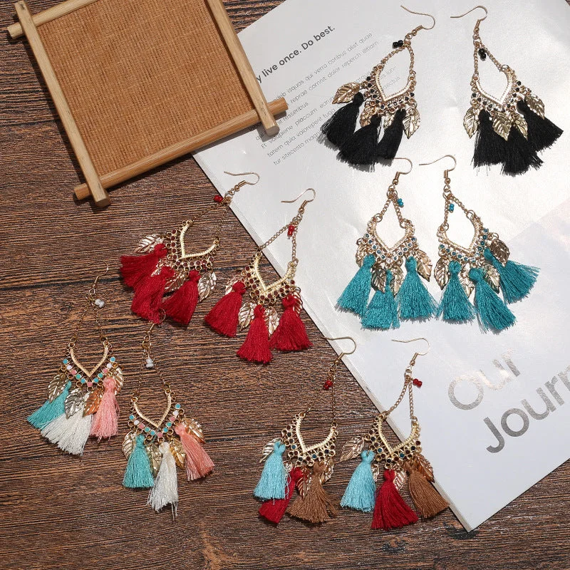 Diamond Drop Earrings for Luxury -Wholesale Ethnic Style Tassel Metal Leaf Earrings