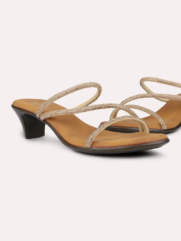 Comfortable sandals for women with memory foam footbed for all-day wear-Women Gold Strappy Open Toe Block Heels