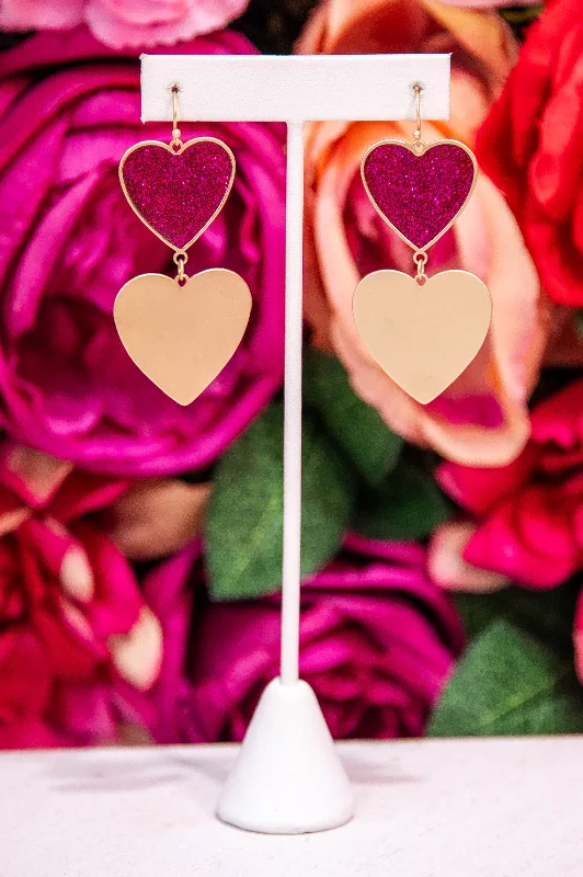 Adjustable Drop Earrings for Custom Fit -Magenta Glitter Double Heart Dangle Earrings - EAR4459MG