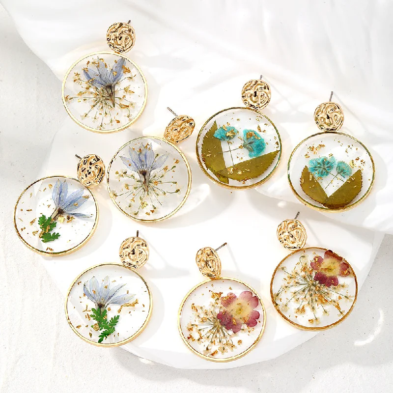 Drop Earrings for Mother's Day -Wholesale Round Tin Foil Drip Glue Dried Flower Pastoral Style Earrings