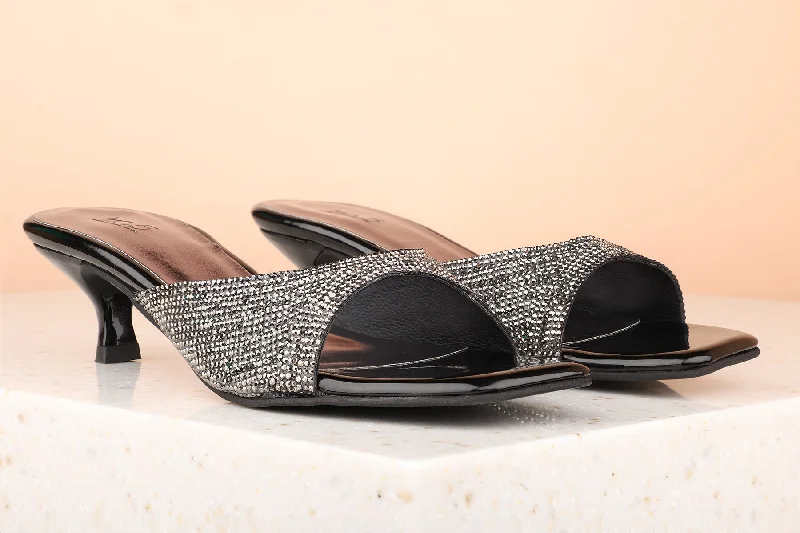 Comfortable sandals for women with closed-toe design and flexible footbed for comfort-Women Pewter Embellished Kitten Heels