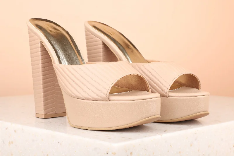 Elegant sandals for women with metallic straps and open-toe design for parties-Women Beige Textured Platform Heels