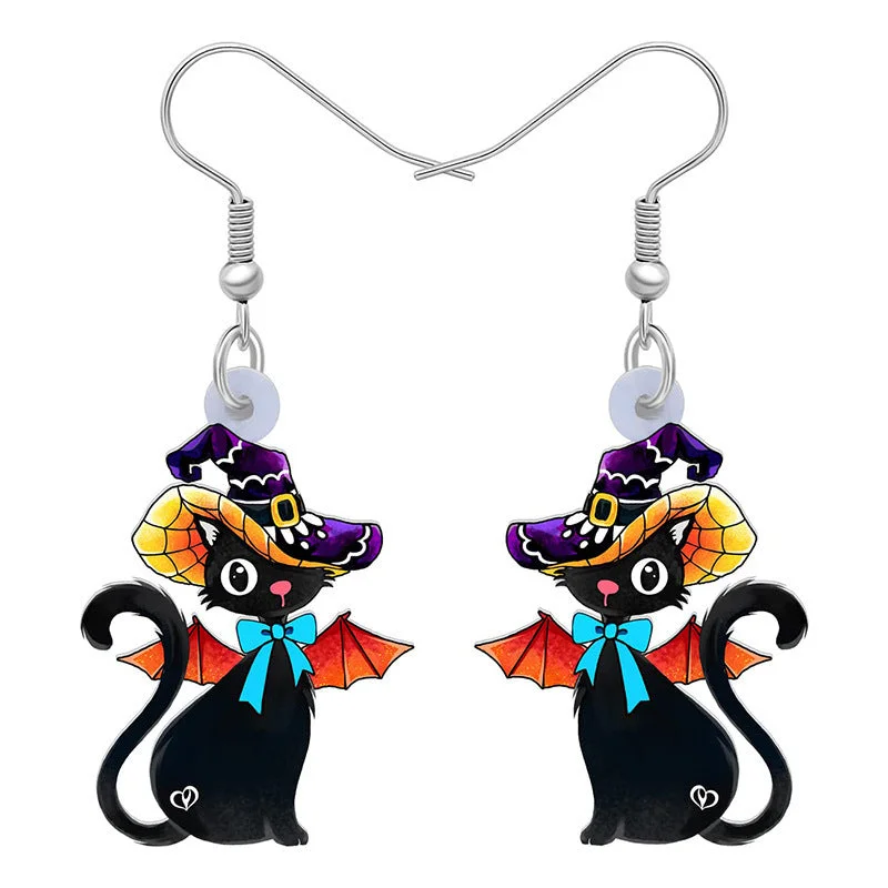 Magnetic Closure Drop Earrings for Easy -Wholesale Halloween Hat Length Wings Cat Pumpkin Cute Acrylic Earrings