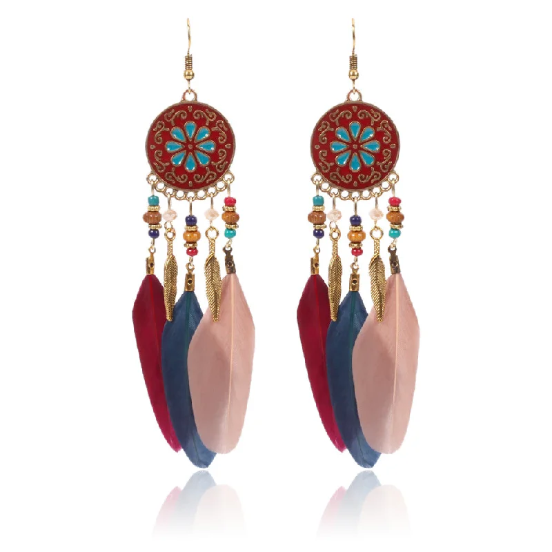 Drop Earrings with Enamel Coating -Wholesale Bohemian Ethnic Style Disc Pattern Alloy Feather Earrings