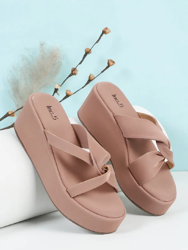 Trendy sandals for men with canvas straps and easy slip-on design for casual outings-Women Peach Wedge Sandal Heels