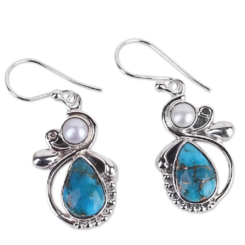 Drop Earrings with Symbolic Elements -NOVICA Handmade Joyous Blue Sky Sterling Silver Cultured Pearl Earrings (India) - 1.6*0.6