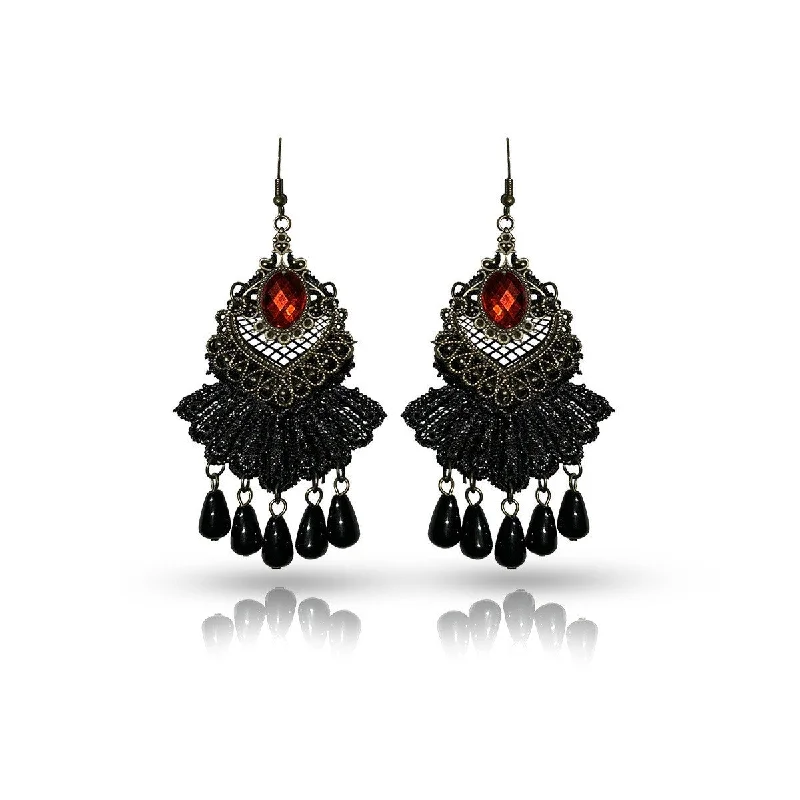 Triangular Drop Earrings for Edge -Wholesale Antique Black Tassel Lace Earrings