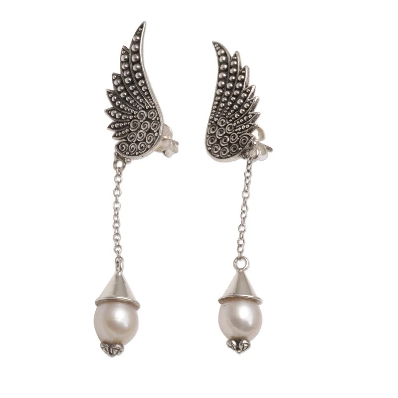 Drop Earrings with Animal Motifs -NOVICA Wings of Divinity, Cultured pearl dangle earrings - 2.4*0.5