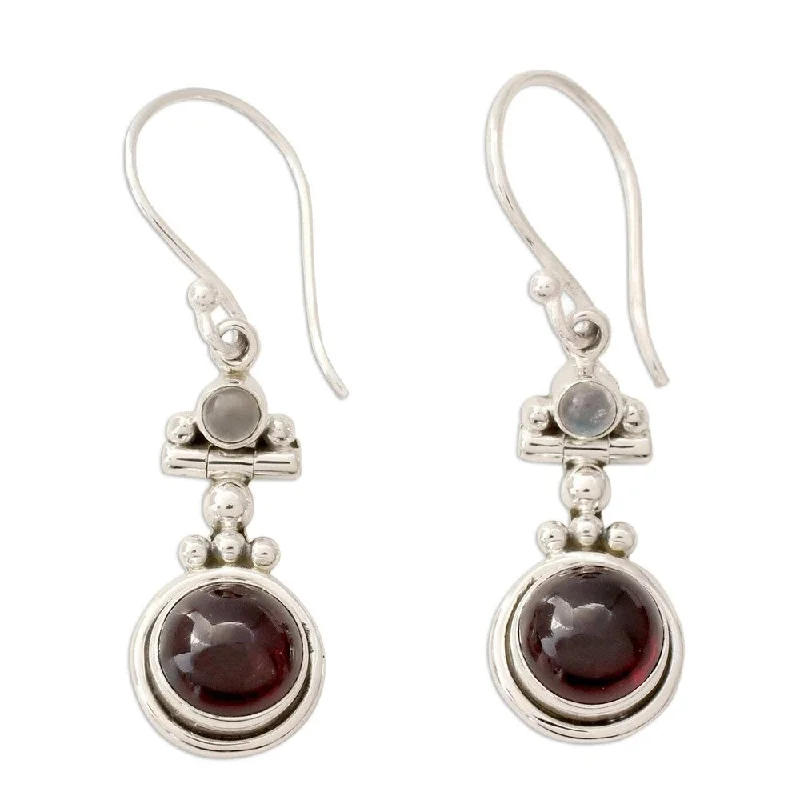 Drop Earrings for Office Wear -Handmade Sterling Silver Misty Moon Garnet Moonstone Earrings (India) - Red - 1.6*0.4