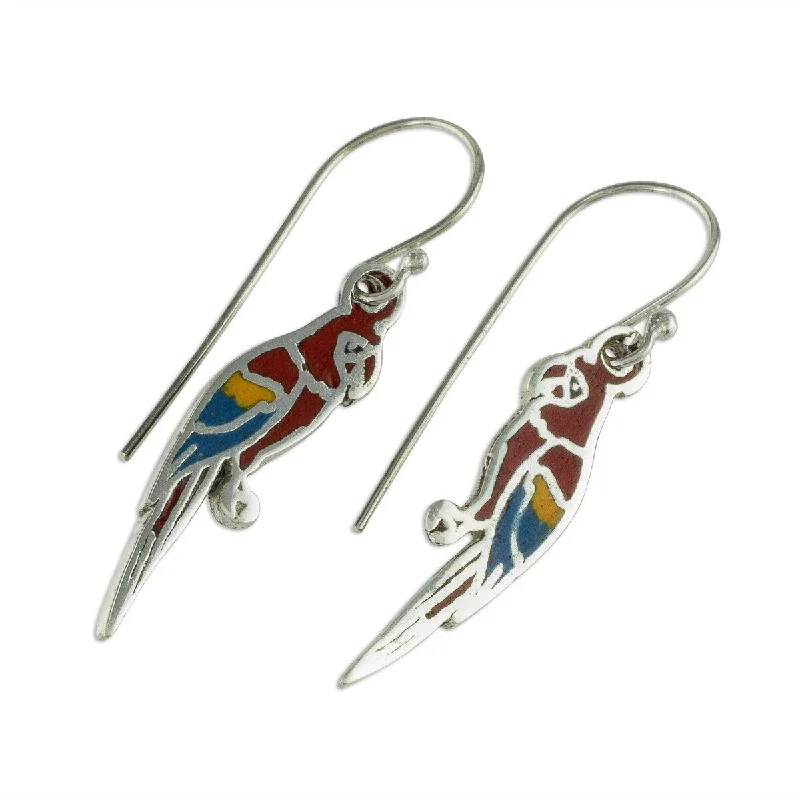 Short Drop Earrings for Subtle -NOVICA Scarlet Macaws, Enameled sterling silver earrings - 1.7*0.3