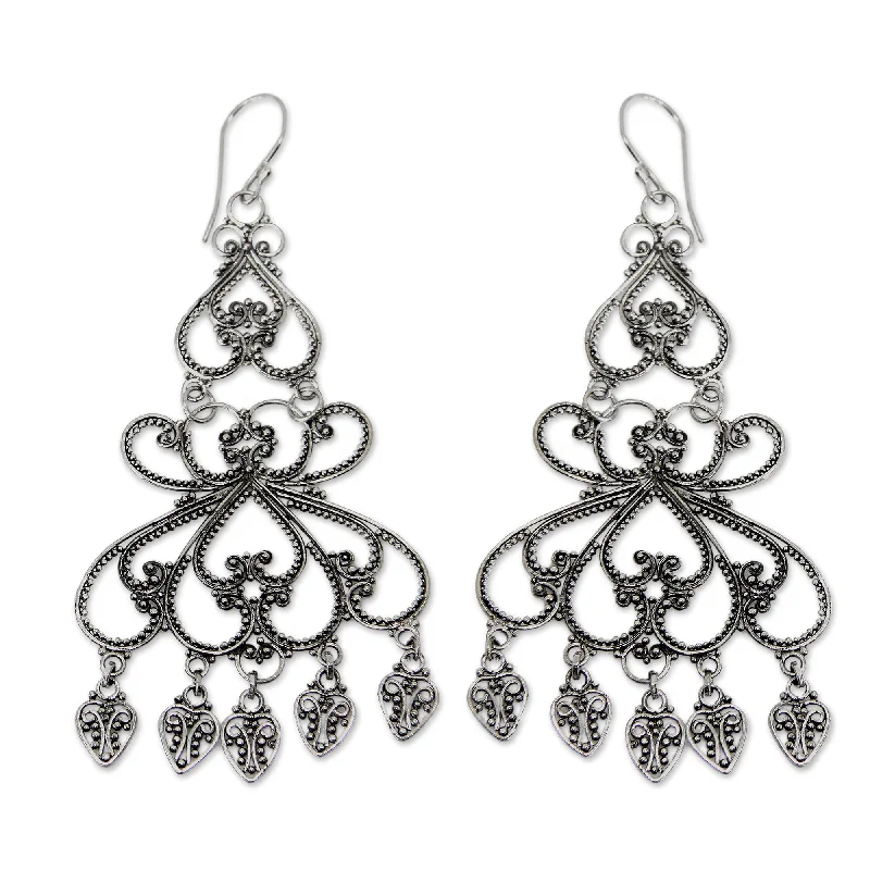 Crystal and Pearl Drop Earrings for Glamour -Handmade Elegance Chandelier Sterling Silver Earrings (Bali) - 1.1" x 2.4"