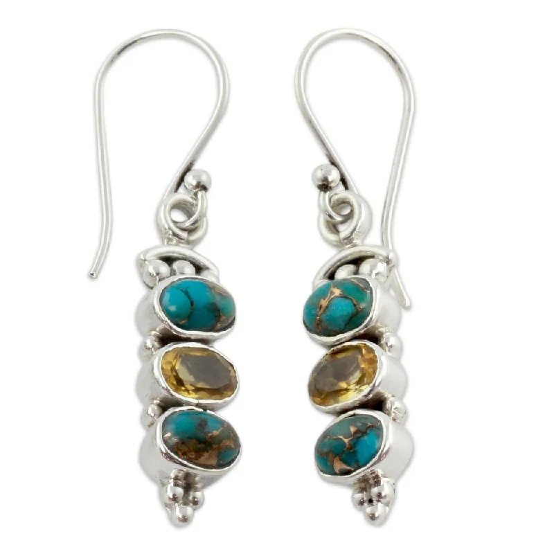 Small Drop Earrings for Delicate -Handmade Sterling Silver 'Golden Mystique' Citrine Turquoise Earrings (India) - 1.6*0.2