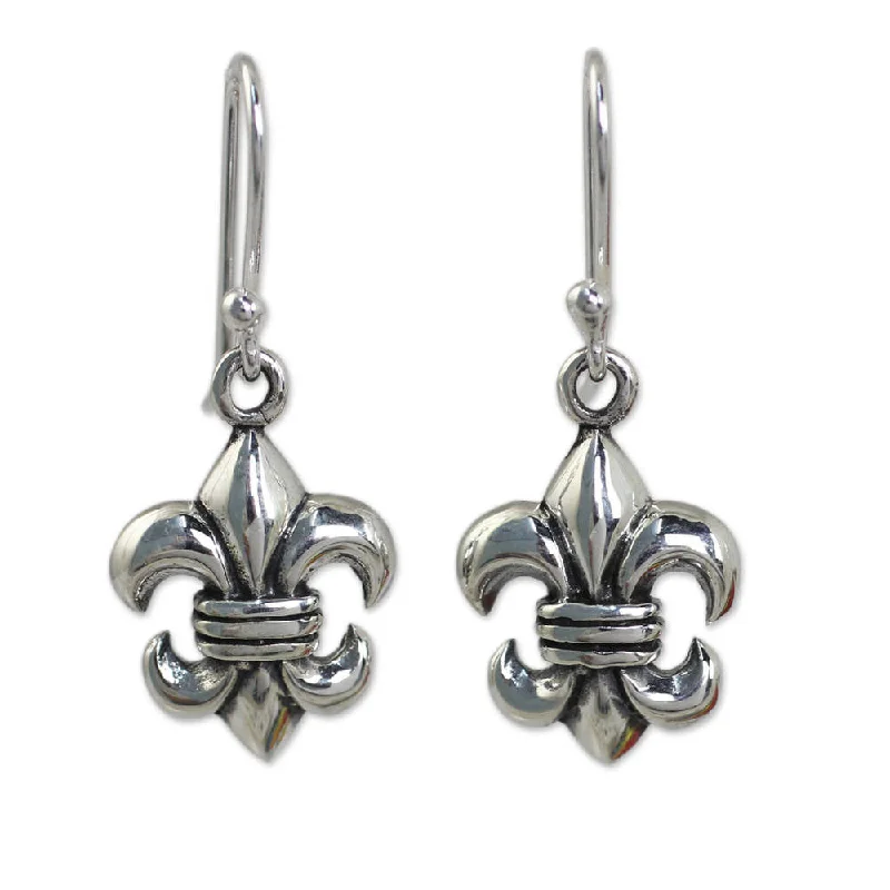 Drop Earrings for Office Wear -Handmade Sterling Silver 'Fleur-de-lis' Earrings (Thailand)