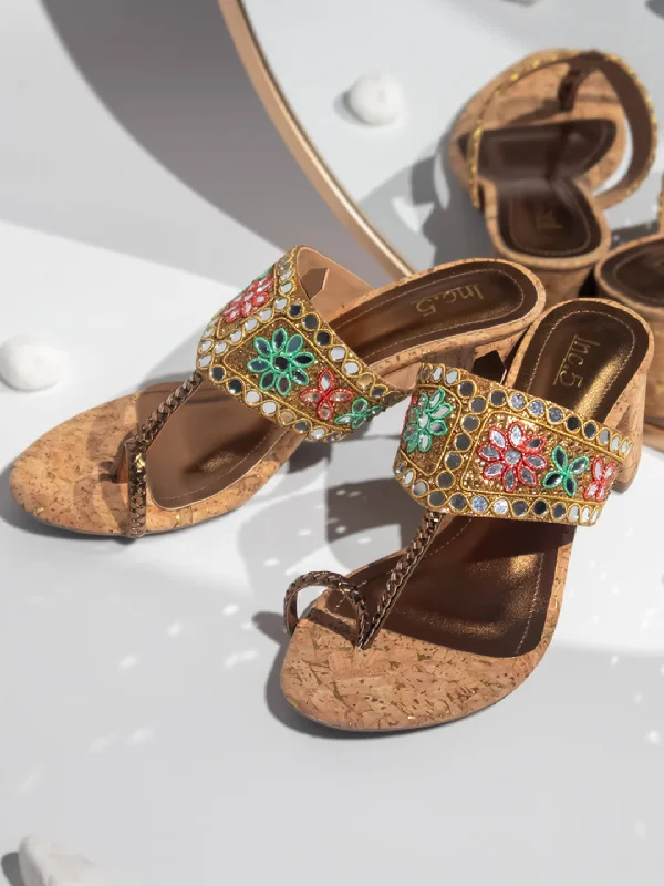 Elegant sandals for women with gold accents and high heels for luxury events-Women Antique Embellished Ethnic Block Heels