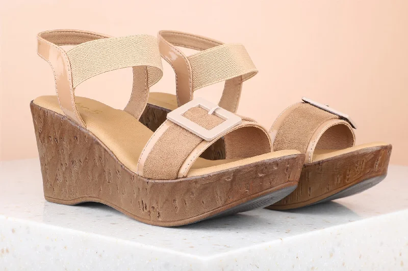 Stylish sandals for women with wide ankle straps and buckle detailing for fashionable look-Women Beige Wedge Heels