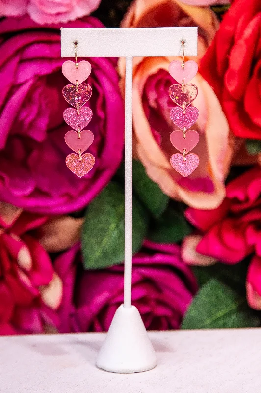 Drop Earrings for Wedding Ceremony -Pink Hearts Drop Earrings - EAR4463PK