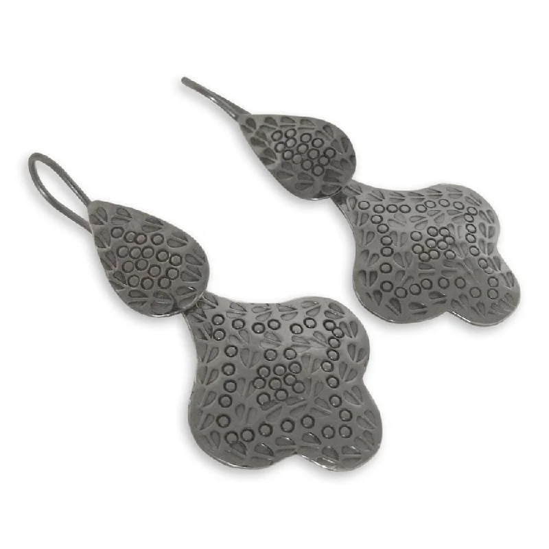 Floral Drop Earrings with Petals -Handmade Sterling Silver 'Forest Shadow' Earrings (India)