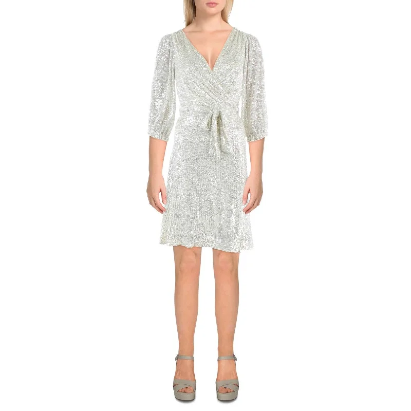 Low-waisted Dresses for Relaxed -DKNY Womens Petites Sequined Surplice Cocktail and Party Dress