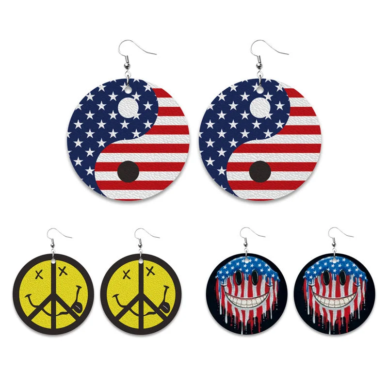 Hippie Drop Earrings with Beads -Wholesale 3 Pairs/pack Peace Standard American Independence Day Smiling Leather Earrings