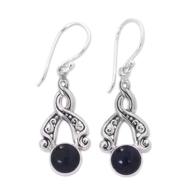 Beaded Drop Earrings for Party -Sterling Silver 'Midnight Embrace' Onyx Earrings - Silver Black