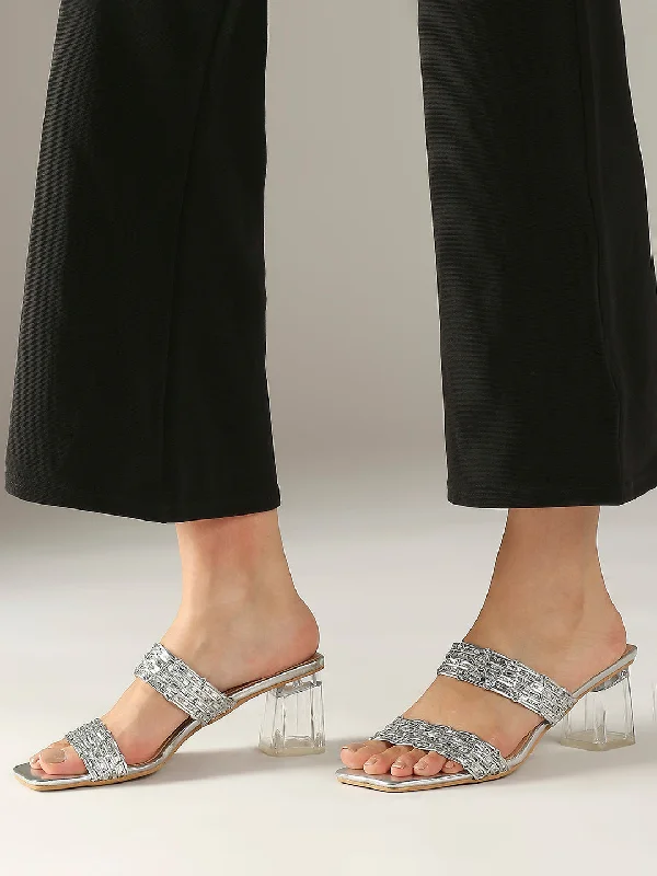 Boho-inspired sandals for women with braided straps and earthy tones-Women Silver Textured Embellished Block Heels