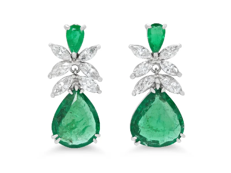 Clip On Drop Earrings for Non Pierced -Beladora 'Bespoke' Emerald and Diamond Earrings in 18K White Gold