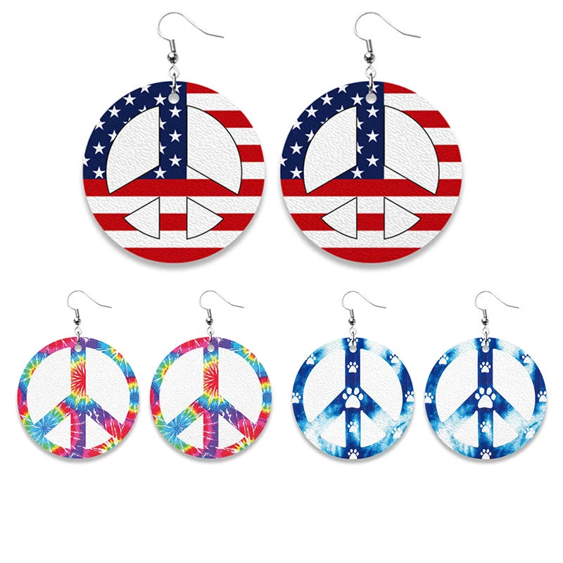 Punk Drop Earrings with Spikes -Wholesale 3 Pairs/pack Round Tie Dye American Flag and Flat Leather PU Earrings