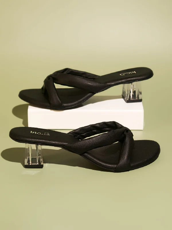 Comfortable sandals for men with velcro straps and soft material construction-Women Black Solid One Toe Block Heels