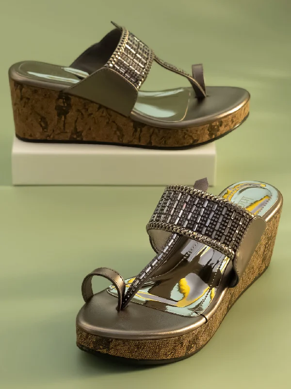 Stylish sandals for women with thong style and colorful detailing for fun-Women Pewter Ethnic Embellished Wedges Heels