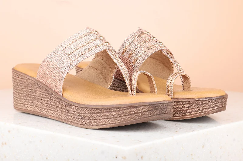 Comfortable sandals for women with cross-over straps and padded footbed for support-Women Rose Gold Wedge Heels