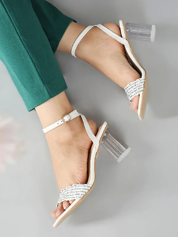 Stylish sandals for men with open-toe design and adjustable back straps for fit-Women White Embellished Transparent Open Block Heels With Ankle Loop