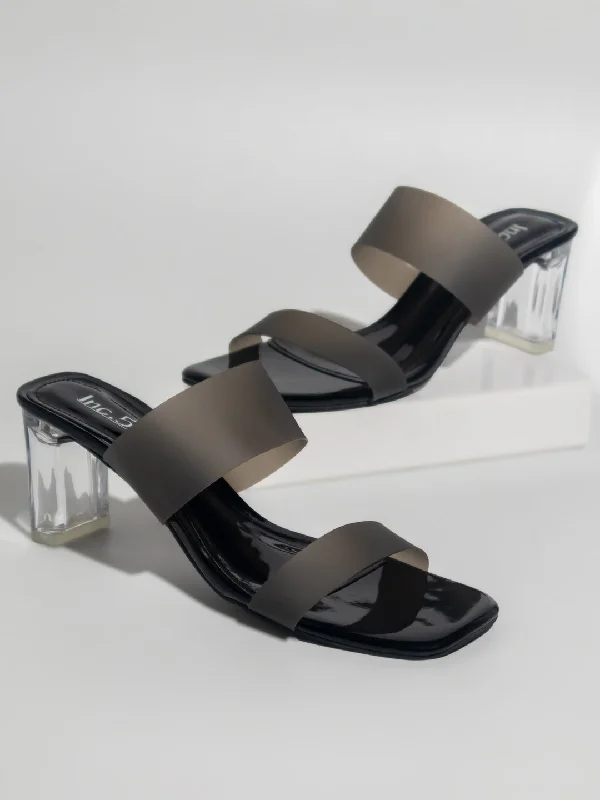 Elegant sandals for evening wear with crystal embellishments and high heels-Women Black Transparent Block Heels