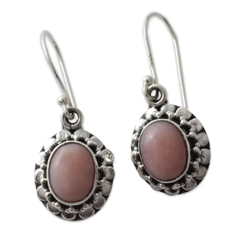 Long Drop Earrings for Dramatic -Handmade Sterling Silver 'Peace' Pink Opal Earrings (India) - 1.4*0.5