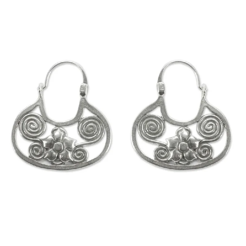 Drop Earrings with Leaf Motifs -Handmade Floral Mazahua Sterling Silver Earrings (Mexico) - 1.4*1.2