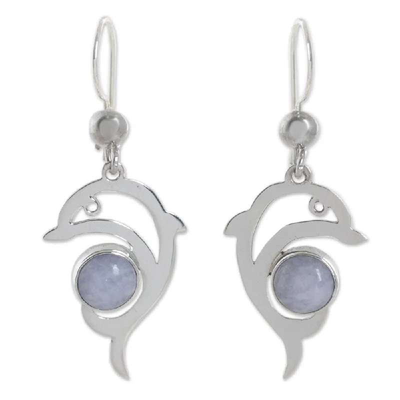 Heavy Duty Drop Earrings for Durability -Handmade Lilac Dolphin Sterling Silver Jade Earrings (Guatemala)