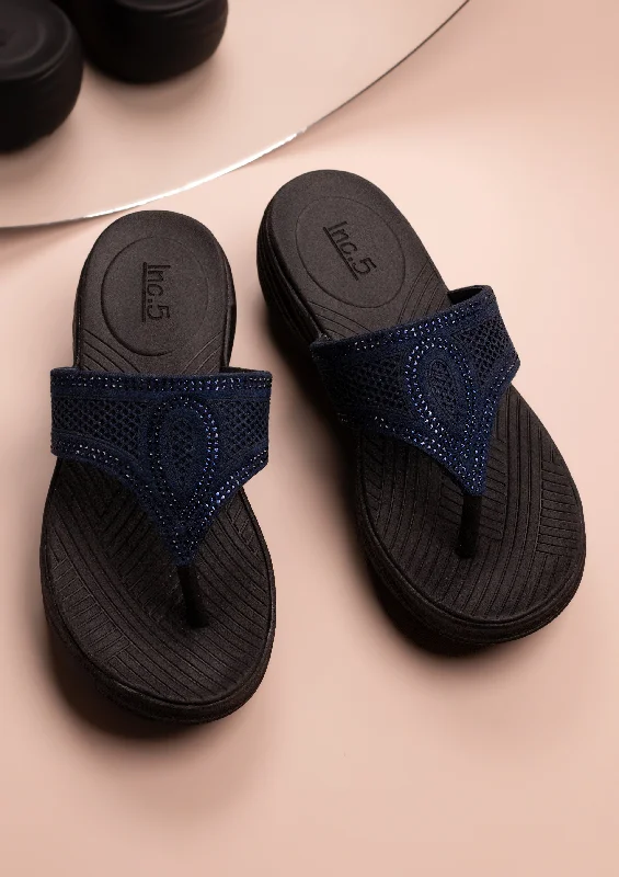 Casual sandals for women with lightweight construction and adjustable ankle straps-Women Navy Textured Embellished Comfort Heels With Laser Cuts