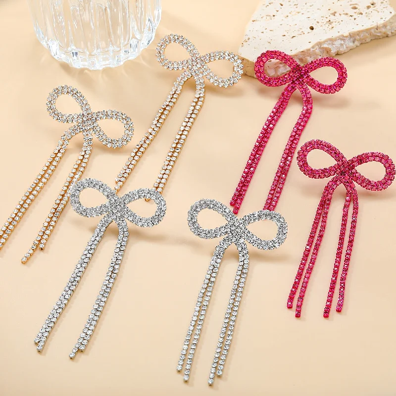 Push Back Drop Earrings for Convenience -Wholesale Super Flash Claw Chain Bow Tassel Earrings