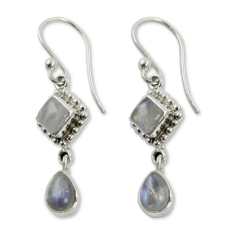 Drop Earrings for Party Look -Handmade Sterling Silver 'Queen of Diamonds' Rainbow Moonstone Earrings (India)