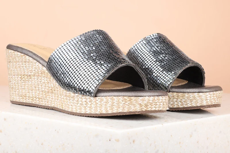 Casual sandals for women with lightweight construction and adjustable ankle straps-Women Pewter Embellished Wedge Heels