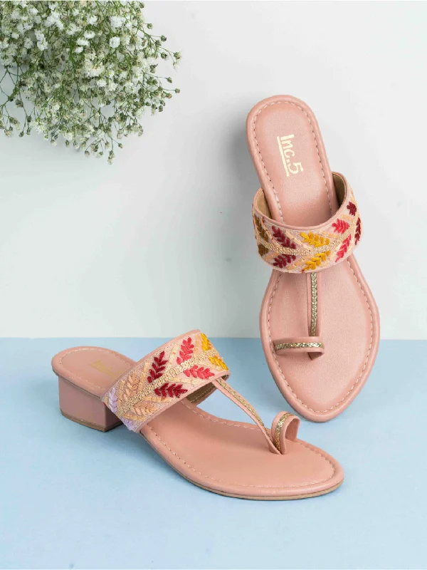 Casual sandals for women with lightweight construction and adjustable ankle straps-Womens Peach Ethnic Embellished Block Heels