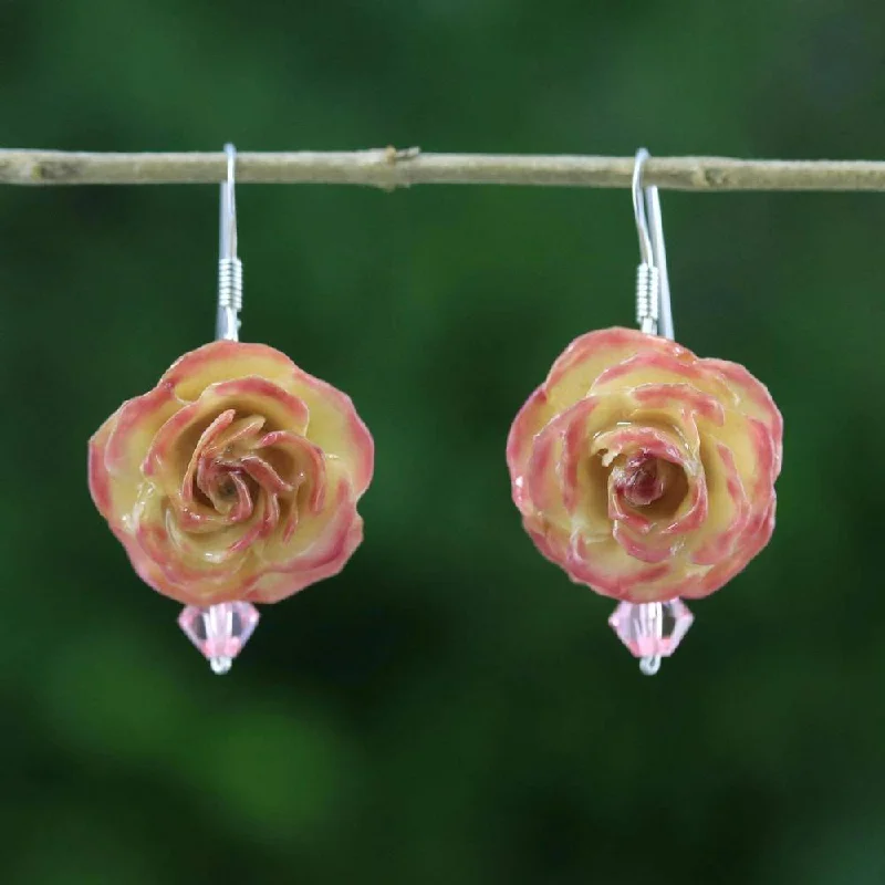 Hippie Drop Earrings with Beads -Handmade Sterling Silver Natural Rose 'Floral Temptation' Earrings (Thailand) - 1.5L*1W